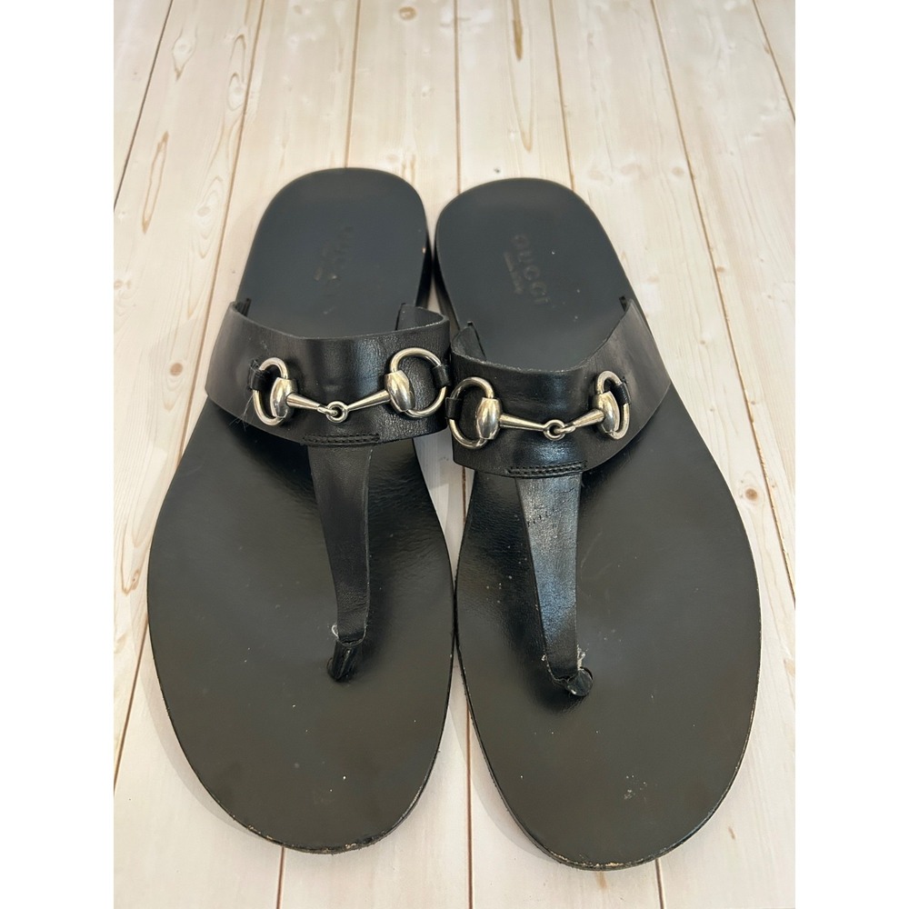 GUCCI Black Solid Leather Men Thong Horsebit Sandal UK 9/USA / EU 43 Rare - Picture 7 of 8